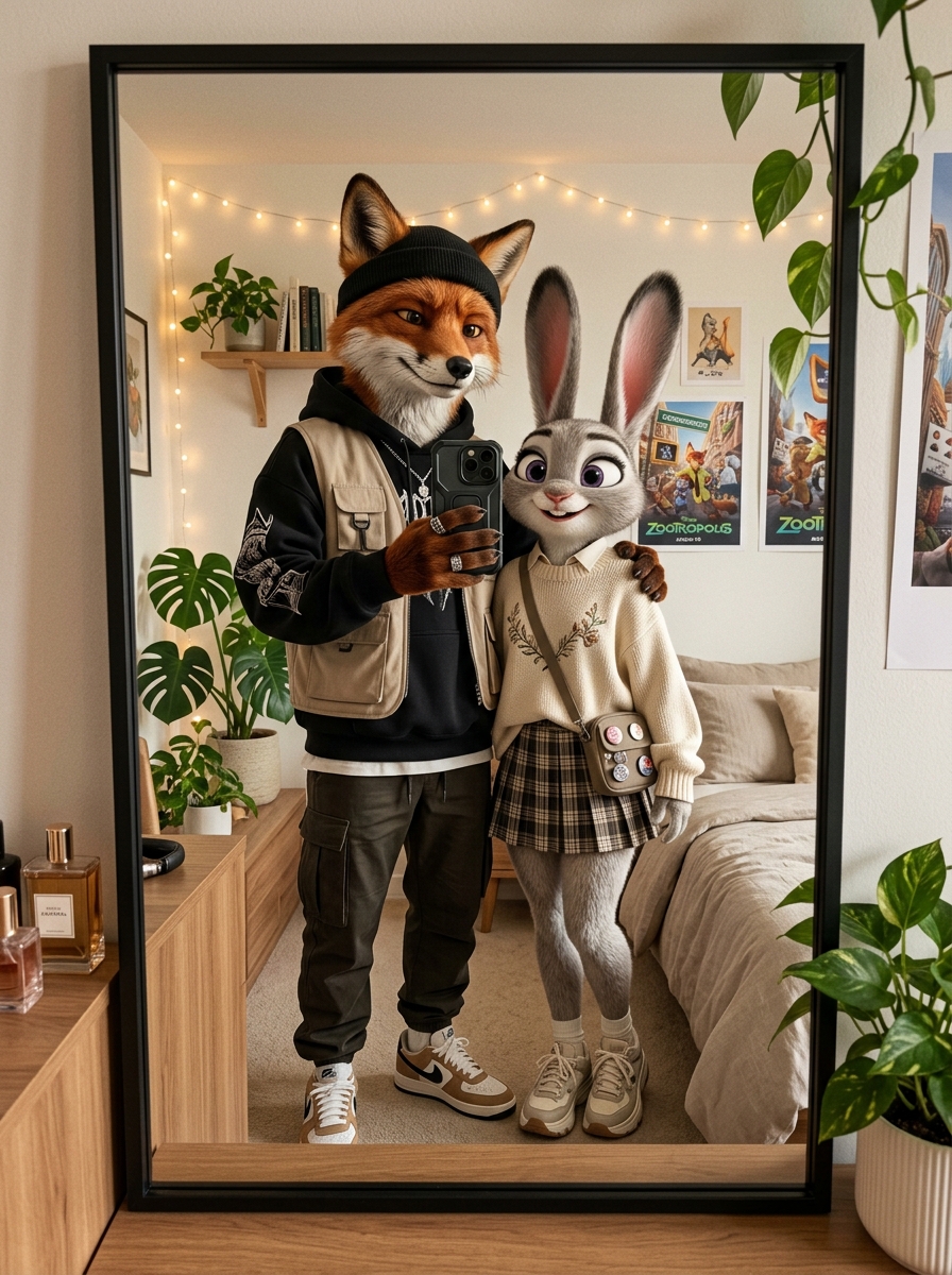 AI generated image: Zootropolis Couple Selfie — created with Midjourney v6 prompt from HowToWritePrompt.in