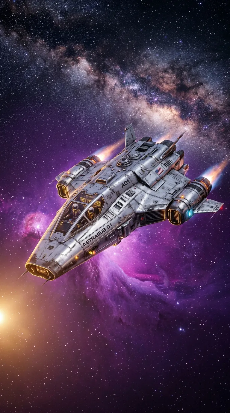 Cosmic Travel: Silver Spacecraft in a Purple Nebula