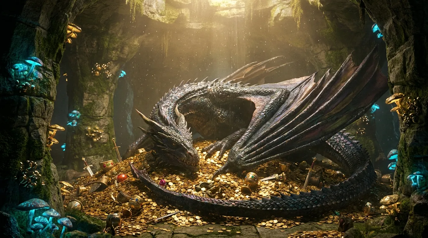Mythical Dragon's Lair with Golden Treasure